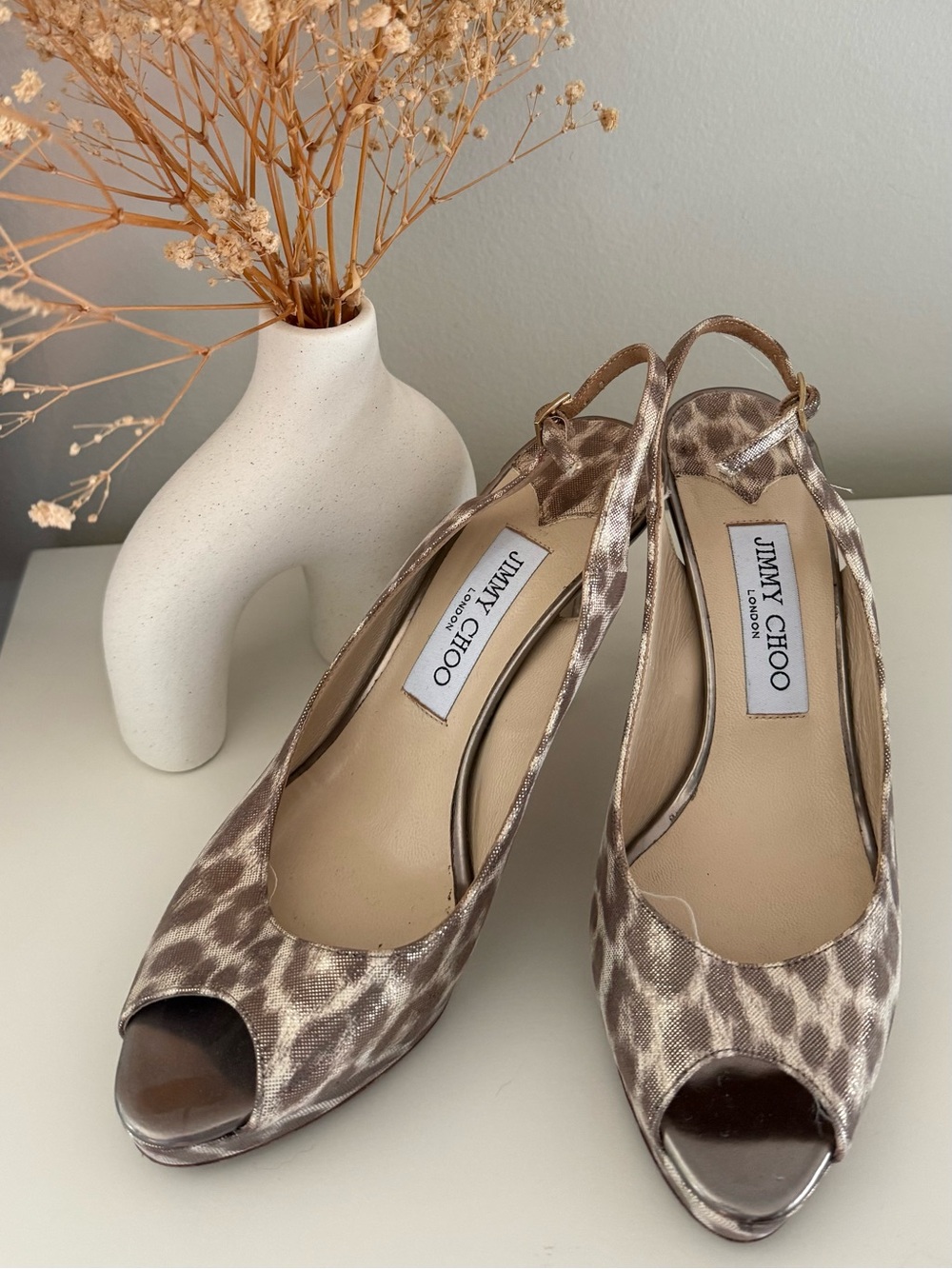 Jimmy Choo Taupe Leopard-Print Slingback Mules in a very good condition